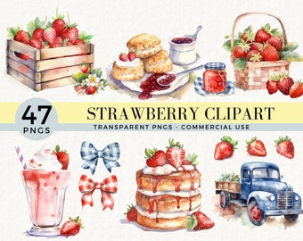 Watercolor Strawberry Clipart PNG Clipart Bundle, Instant Download, Commercial Use, 1st Birthday Invitations, Baby Shower Decorations, 010SS