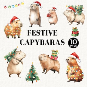 Images clipart Capybara, usage commercial pour décoration de Noël, T-shirt, imprimable, forêt, animal mignon, emmêlés lumières de Noël, bonnet de Noel, 044SS