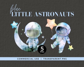 Astronaut Aquarell Clipart, kleiner Astronaut, Junge, Blau, Spaceman PNG, Kinderzimmer-Wandaufkleber, Weltraum-Geburtstags-Einladung, 032SS
