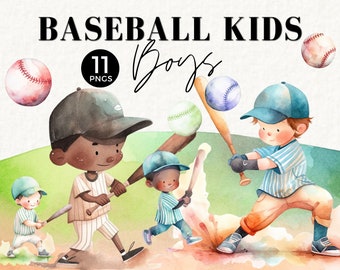 Baseball Watercolor Clipart, Kids Playing Baseball, Boys Baseball PNG, Watercolor Sports Clipart, Home Run, Sublimation, Tumbler PNG, 024SS