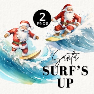Santa on the Beach Clipart, Surfing Santa, Summer, Tropical Xmas PNG, Use for Christmas Stocking, Gift Tags, Christmas in July 054SS