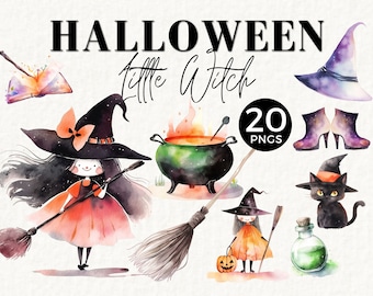 Little Witch Clipart, Cute Halloween Clipart Commercial Use, Black Cat, Cauldron, Book of Spells, Spooky Graphics, Broomstick, 029SS