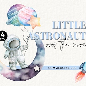 Clipart petit astronaute, garçon, aquarelle, ballons planète, parfait pour un sticker mural astronaute, invitation d'anniversaire sur le thème de l'espace, autocollants 032SS
