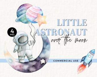Little Astronaut Clipart, Boy, Watercolor, Planet Balloons, Perfect for Astronaut Wall Decal, Space Themed Birthday Invite, Stickers 032SS