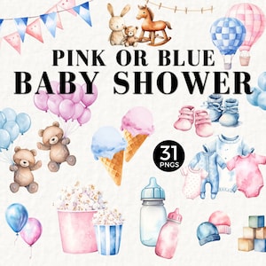 He Or She Clipart, Baby Shower PNG, Pink and Blue Clipart Bundle, Ice Cream, Popcorn, Baby Bottle, Rocking Horse, Bear Balloons, 051SS