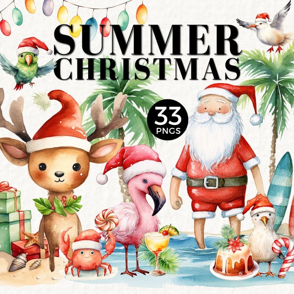 Beach Christmas Clipart, Été, Tropical Noël PNG, Flamingo Santa Hat, Noël en juillet, Fairy Lights, cocktail, Utilisation commerciale, 054SS