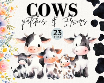Cute Cow Clipart Bundle, Commercial Use PNG, Holy Cow 1st Birthday, Cow Print, Floral Wreath, Adorable Farm Animal, Instant Download, 035SS