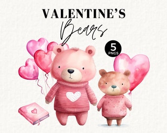 Valentine's Bear Clipart, Pink Balloons, Heart, Teddy Bears, Sweet Valentine, Commercial Use, Cute, Ugly Sweater, 060SS