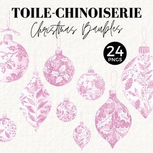 Weihnachten Rosa Toile Clipart, Chinoiserie Kugeln, Urlaub Illustration, Vintage Französisch, Xmas Ornament Grafiken, JJ PNG für Ephemera, 077SS