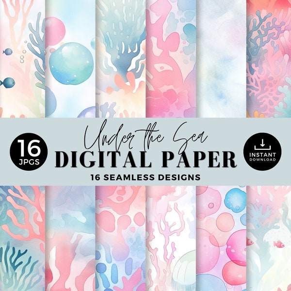 Unter dem Meer Digitaler Hintergrund, Nahtloses Papier, Koralle Und Blasen, Ozean Umgebung, wiederholbares Muster, Junk Journal Papier, Fisch, 040SS