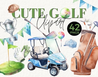 May include: A watercolor illustration of a golf-themed clipart set with 42 PNG images. The set includes a golf cart, golf clubs, a golf bag, a golf ball, a golf flag, a trophy, and a hat. The colors are bright and cheerful, and the illustrations are whimsical and cute.