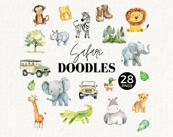 Safari Themed Watercolor Clipart, Cute Animal Doodle, Commercial Use, Sublimation, Oh Boy Baby Shower Bundle Clipart, African Clipart, 084SS