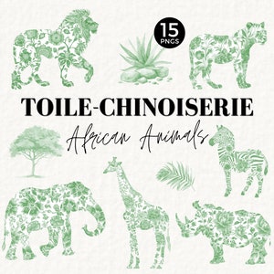 Green Safari Toile Clipart, Toile De Jouy PNG, Chinoiserie Jungle Animals, Acuarela, Uso Comercial, Vintage, Guardería, Baby Shower 076SS