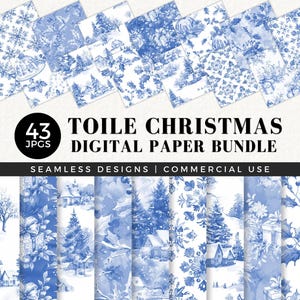Papier cyfrowy Toile na Boże Narodzenie, niebieski styl Toile De Jouy bez szwu, vintage, francuski, na etykietę prezentową na Boże Narodzenie, serwetki, papier do pakowania, pergamin, 077SS