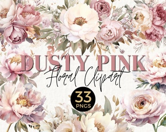 Dusty Pink Wedding Clip Art, Floral Watercolor, Watercolor Clipart, Boho Roses Bouquets, Pink Peonies, Bohemian Pink Flower, 025SS