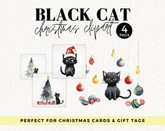 Watercolor Christmas Cat PNG, Funny Cat T-Shirt Design, Playful Cat, Baubles, Kitten, Black Cat, Meowy Christmas, Cat Lover Gift Tag, 044SS