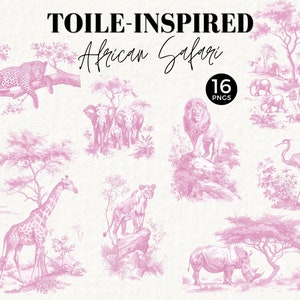 Clipart toile rose, scènes de safari, toile de Jouy PNG, chinoiseries, aquarelle, jungle, usage commercial, vintage, chambre de bébé, baby shower 076SS