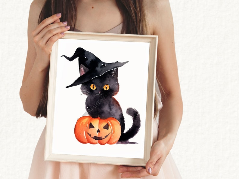 May include: A black cat wearing a witch's hat sits on top of an orange pumpkin with a jack-o'-lantern face. The cat has yellow eyes and a black nose. The background is white.