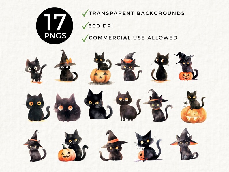 May include: 17 digital illustrations of black cats in various poses, some wearing witch hats, some holding pumpkins, and some sitting on pumpkins. The illustrations are in a watercolor style and have a white background.