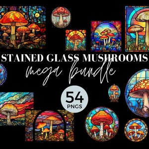 Könnte beinhalten: Eine Sammlung von 54 Buntglas-Pilzillustrationen in verschiedenen Farben und Designs. Die Illustrationen sind perfekt für Basteln, Scrapbooking und andere kreative Projekte.