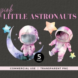 Clipart aquarelle astronaute, petit astronaute, fille, rose, espace aquarelle PNG, stickers muraux pour chambre d'enfant, invitation anniversaire sur le thème de l'espace, 032SS
