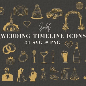 May include: Gold wedding timeline icons, a set of 34 SVG and PNG files, featuring illustrations of a church, wedding rings, a cake, a car, a microphone, a champagne flute, a glass of wine, a beer mug, a dress, a suit, a heart, a camera, a musical note, a cross, a disco ball, a sparkler, a violin, a gift box, a bouquet of flowers, a wedding arch, a microphone, a martini glass, a champagne flute, a beer mug, a champagne bottle, a coffee cup, a pair of shoes, a hanger, a dress, a couple, a man in a suit, a woman in a dress, and a woman in a wedding dress.