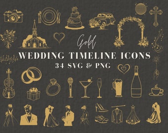 Wedding Timeline Icons, Gold, Marriage Icon Pack, Wedding Elements Clipart, Printable Wedding Itinerary, Instant Download, SVG PNG, 030SS