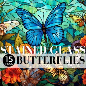 Clipart papillons vitrail, PNG ratio 15 3:2 PNG, emballage de verre faux vitrail, motifs par sublimation, fond de journal indésirable, 026SS