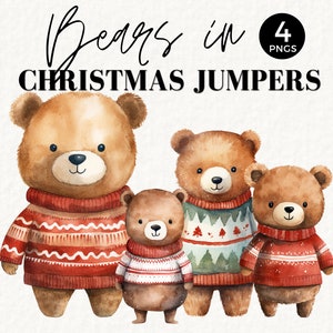 Weihnachten Waldtier, Teddybär, hässliche Weihnachtspullover, Aquarell Winterferien PNG, lustige Weihnachtscliparts, kommerzielle Nutzung, 044SS