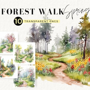 Clipart aquarelle chemin forestier, paysage de printemps, 10 PNG transparents, sentier forestier, scène de camping, fabrication de cartes, créations numériques en papier, 019SS