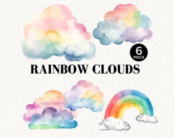 Cloud and Rainbow Watercolor Clipart, on Cloud 9 Birthday PNG, Nursery Clipart, Bridal Shower, Pastel, Boho Weather Set, Fluffy, 070SS