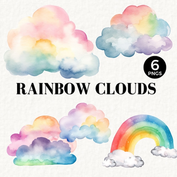 Cloud and Rainbow Watercolor Clipart, on Cloud 9 Birthday PNG, Nursery Clipart, Bridal Shower, Pastel, Boho Weather Set, Fluffy, 070SS