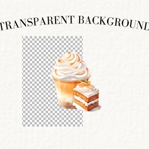 May include: A watercolour illustration of a coffee drink with whipped cream and a slice of carrot cake. The drink is in a clear cup with a brown and white design. The cake is layered with white frosting and orange carrot cake.
