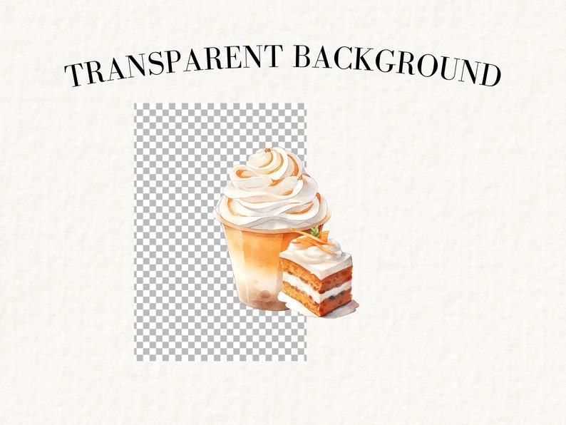May include: A watercolour illustration of a coffee drink with whipped cream and a slice of carrot cake. The drink is in a clear cup with a brown and white design. The cake is layered with white frosting and orange carrot cake.