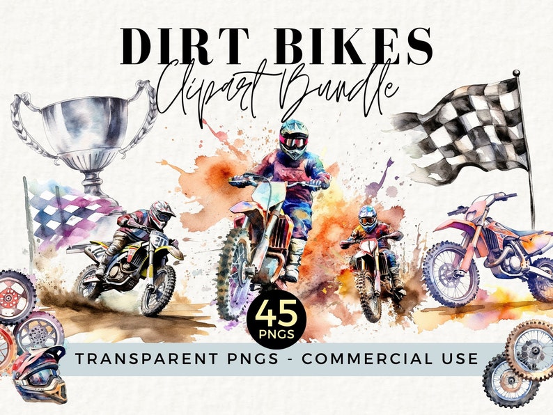 May include: Watercolor clipart bundle of dirt bikes, riders, and racing flags. The set includes 45 transparent PNG files for commercial use.