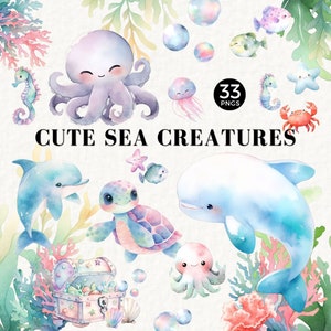 Bajo el paquete de acuarela de imágenes prediseñadas del mar, animales del océano, animales marinos PNG, imprimibles y decoración de la guardería, baby shower, tortuga, medusa, 040SS