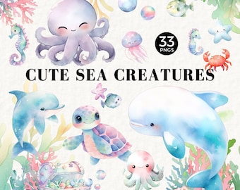 Under The Sea Clipart Watercolor Bundle, Ocean Animals, Sea Animals PNG, Nursery Printables and Decor, Baby Shower, Turtle, Jellyfish, 040SS