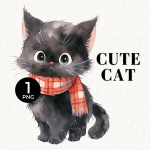 秋の猫のクリップアート、1 PNG 単一画像、商用ライセンス、子猫、スカーフ、黒猫ハロウィン、面白い猫、ネコ科、猫のクリップアート、039SS