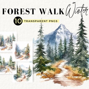 Imágenes Prediseñadas de camino del bosque de invierno, nieve, país de las maravillas de invierno, escenas de acuarela, fabricación de tarjetas, artesanía de papel digital, sendero del bosque, escena de camping, 019SS