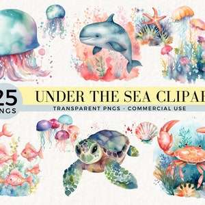 Unter dem Meer Clipart Bundle, Babyparty oder Kinderzimmer Wand Kunst Dekor, Unterwasser Aquarell, kommerzielle Nutzung, transparente PNGs, süße Meerestiere
