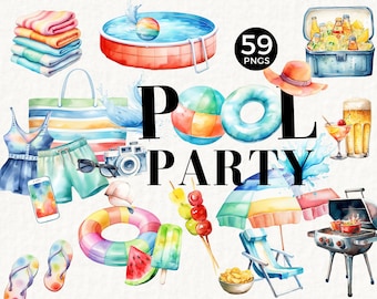 May include: Watercolor illustration of a pool party with 59 PNG images. The illustration includes a pool, beach towels, a swimsuit, a beach bag, a beach umbrella, a grill, a watermelon, a popsicle, a beach ball, a pool float, a hat, a cooler, and a glass of beer.