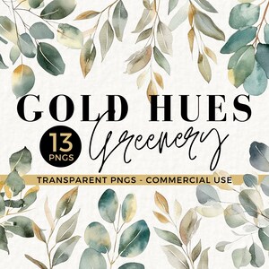 Clipart de eucalipto em aquarela com ouro verde marrom, 13 PNGs, gráficos de vegetação floral para casamento, folhas e galhos, download digital, 021SS
