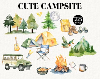 May include: A watercolor illustration of a cute campsite with a yellow tent, a green tent, a campfire, a green jeep, a guitar, a blue director's chair, a flashlight, a frying pan, a mountain, a duck, a backpack, hiking boots, binoculars, and a mug. The illustration is surrounded by trees and stars.