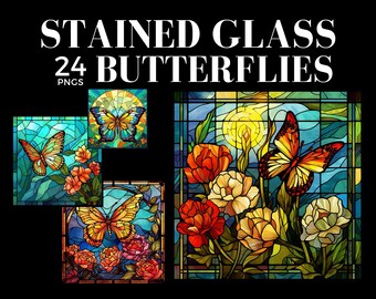 Stained Glass Butterflies Clipart, 24 High Resolution PNGs, Faux Stained Glass Pattern, Tumbler Wrap, Sublimation, Commercial Use, 026SS