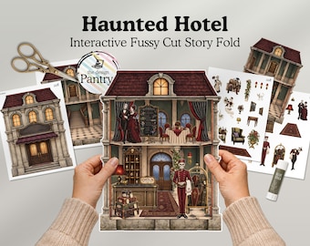 Interaktive Halloween-Aktivität „Spukhotel“ von Fussy Cuts, druckbares Puppenhaus-Set, Papierbastelset, gruselig, MMC1