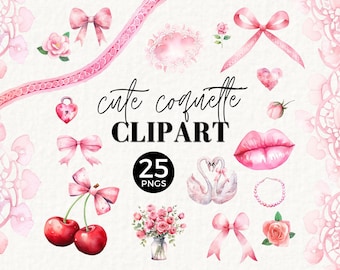 Coquette Aesthetic Clipart, Girly Girl Pink Bows PNG, Cute Cherry, Watercolor Illustration, Pretty, Pastel, Swans Heart, Lace, Lips, 075SS