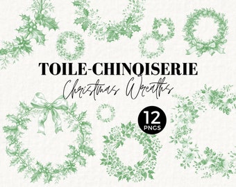 Kerstkrans toile clipart, vintage chinoiserie bloemen png, xmas botanische kransen, cadeaukaartje afbeelding, randen voor bruiloft uitnodigingen, 077SS