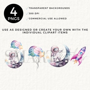 May include: Watercolor clipart set featuring space-themed illustrations. Includes an astronaut on a crescent moon, a rocket ship, and planet-shaped balloons. The set offers transparent backgrounds, 300 DPI resolution, and commercial use rights.