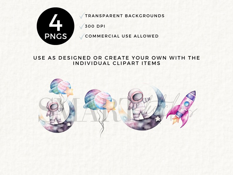 May include: Watercolor clipart set featuring space-themed illustrations. Includes an astronaut on a crescent moon, a rocket ship, and planet-shaped balloons. The set offers transparent backgrounds, 300 DPI resolution, and commercial use rights.