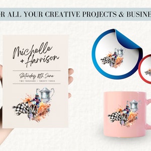 May include: A wedding invitation with a watercolor illustration of a motorcycle racer crossing the finish line with a trophy. The text on the invitation reads "Michelle + Harrison, Saturday 10th June, Two Thousand Twenty Three."